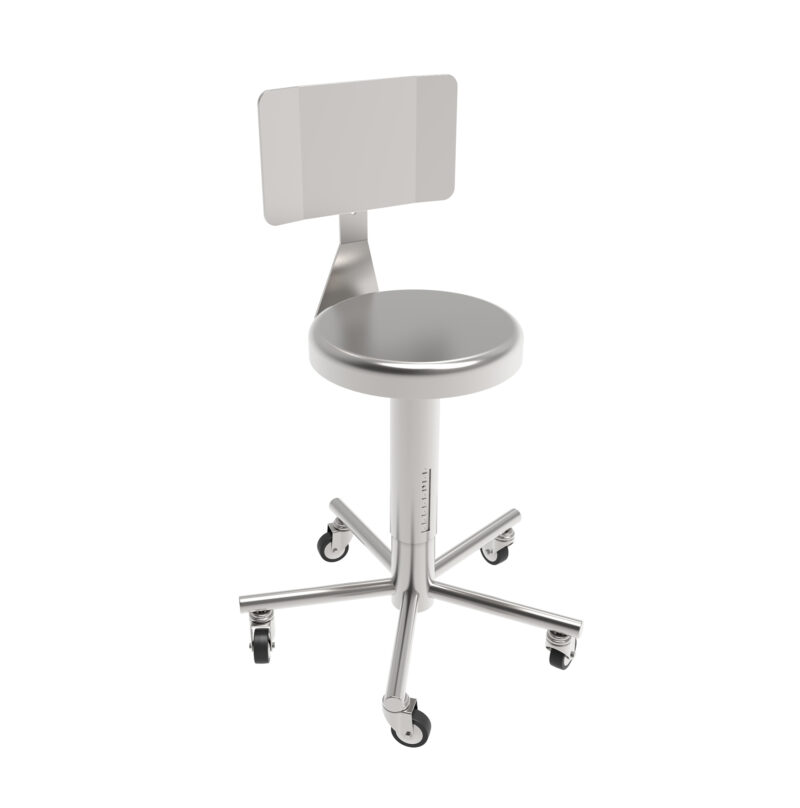 SGABELLO SU RUOTE CON SCHIENALE IN ACCIAIO INOX