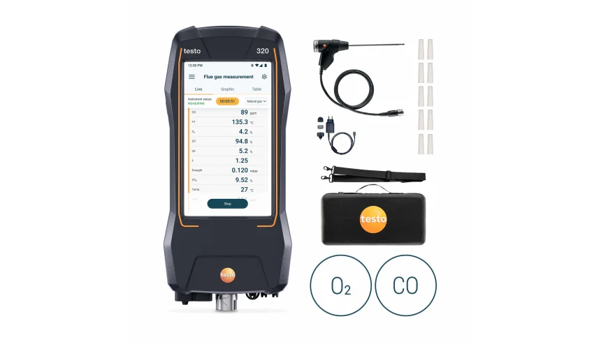 testo 320 kit - Analizzatore di combustione standard con sensori di O₂ e CO.